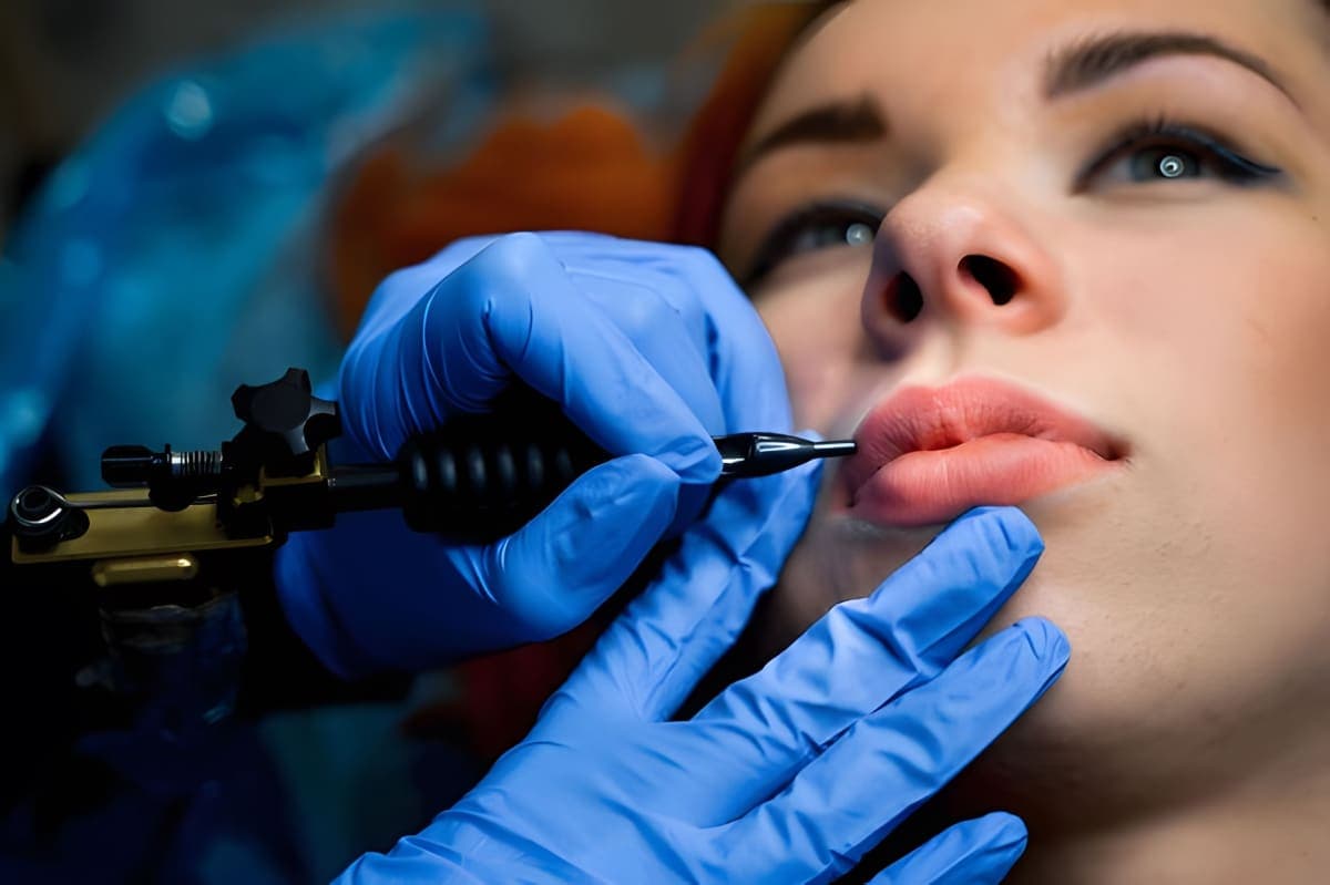Мастер перманентного макияжа делает коррекцию татуажа губ.